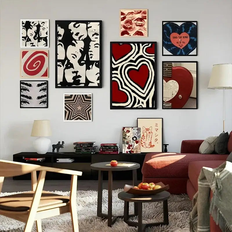 A vibrant red guitar-shaped y2k rock style canvas poster with a white heart cutout framed in black by decorbites