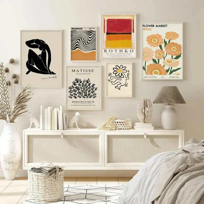 A collection of six framed modernist wall art prints including yayoi kusama inspired orange floral canvas art decorbites