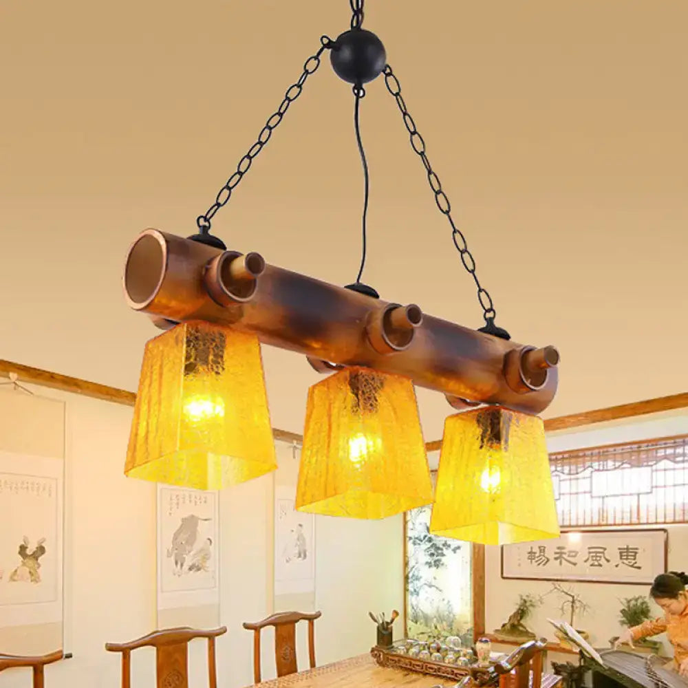 DecorBites™ Yellow Trapezoid Island Pendant Light with 3 Bulbs, Bamboo Beam - Perfect for Countryside Dining Rooms