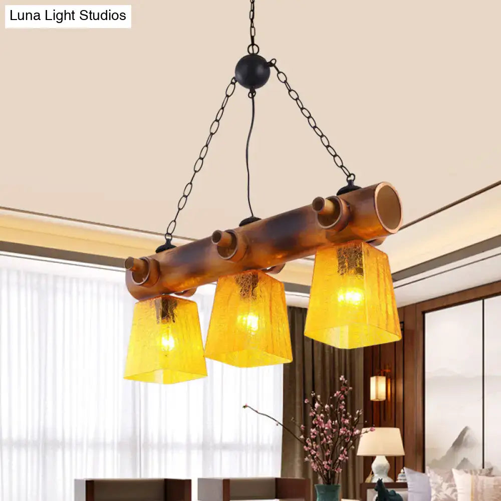 DecorBites™ Yellow Trapezoid Island Pendant Light with 3 Bulbs, Bamboo Beam - Perfect for Countryside Dining Rooms