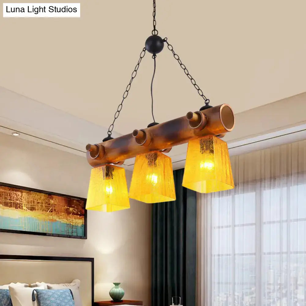DecorBites™ Yellow Trapezoid Island Pendant Light with 3 Bulbs, Bamboo Beam - Perfect for Countryside Dining Rooms