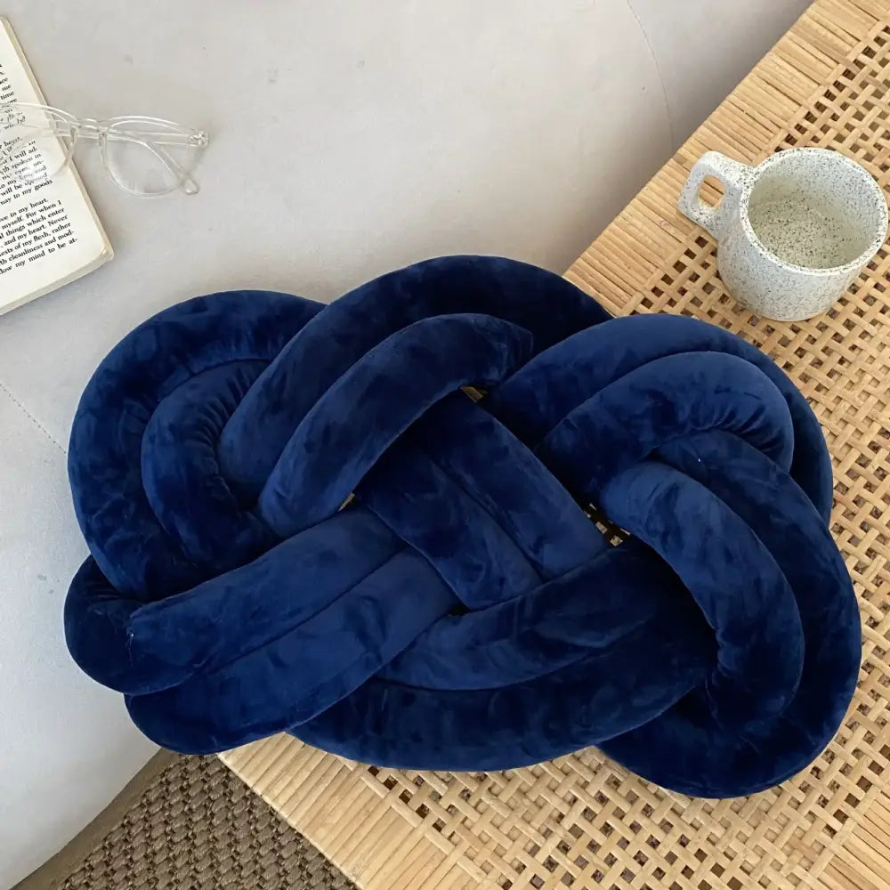 Deep blue velvet handmade knot throw pillow living room decor