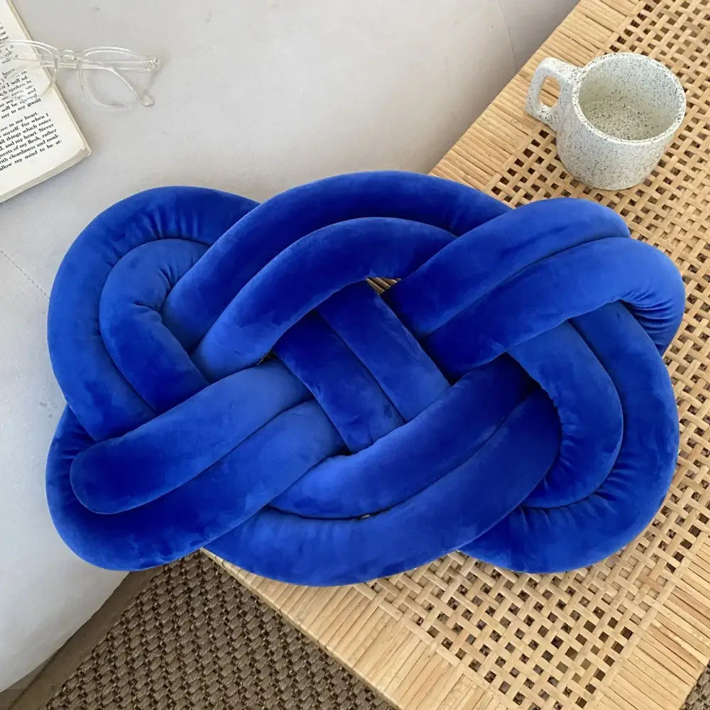 Deep blue velvet handmade knot throw pillow living room decor