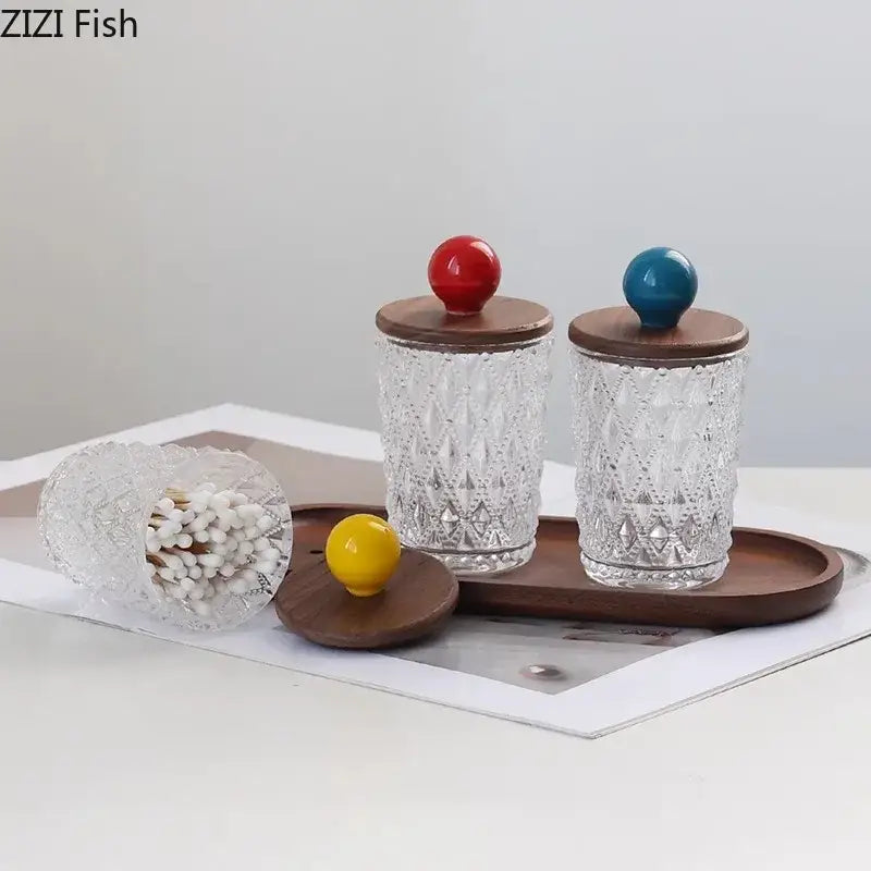 Diamond pattern glass jewelry jar with walnut lid bedroom storage