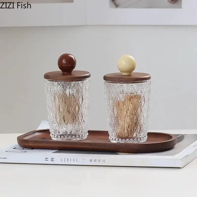 Diamond pattern glass jewelry jar with walnut lid bedroom storage