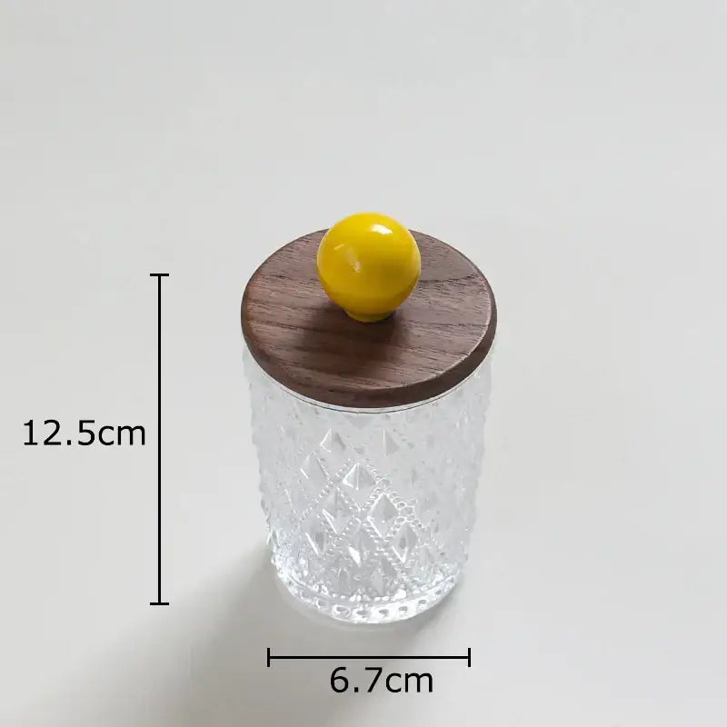 Diamond pattern glass jewelry jar with walnut lid bedroom storage