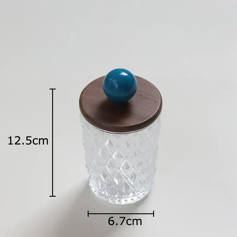 Diamond pattern glass jewelry jar with walnut lid bedroom storage