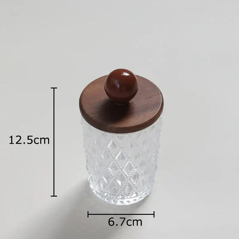 Diamond pattern glass jewelry jar with walnut lid bedroom storage