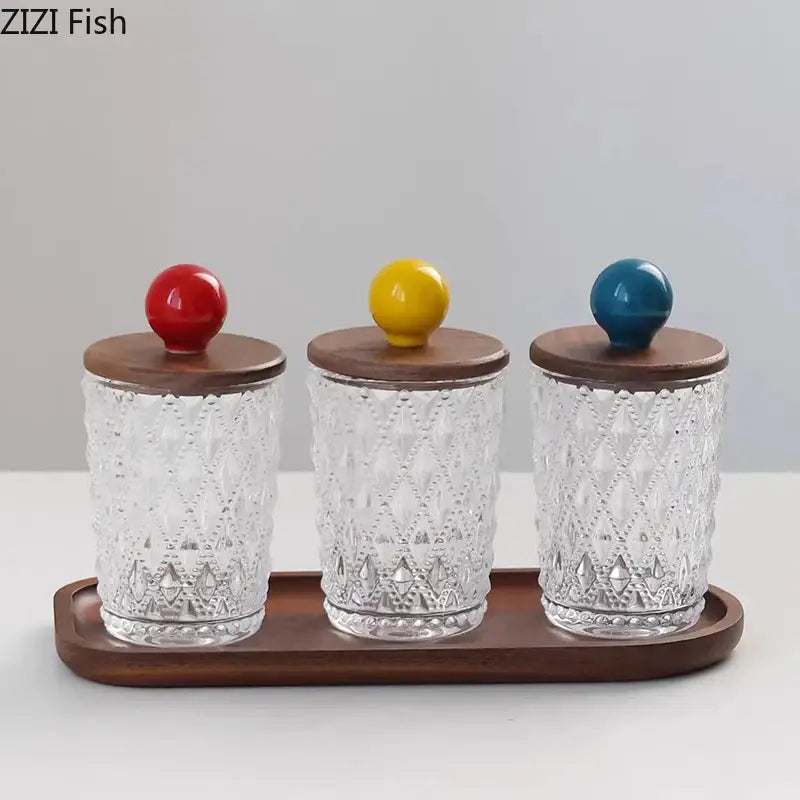 Diamond pattern glass jewelry jar with walnut lid bedroom storage