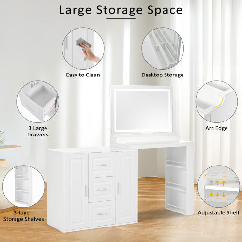 59Makeup Vanity Desk With Mirror, Vanity Mirror With Lights, Dressing Table With 3 Drawers And 2 Cabinets, Vanity Table With Storage Shelves For Bedroom, White