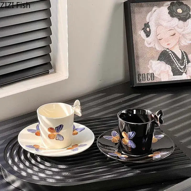 Elegant black butterfly ceramic tea cup and saucer set dining room