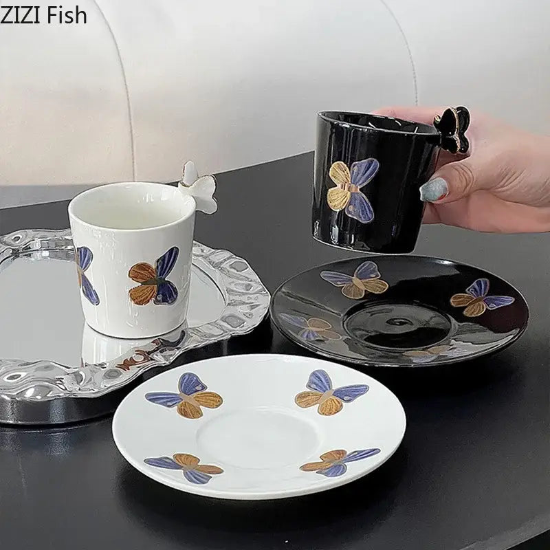 Elegant black butterfly ceramic tea cup and saucer set dining room