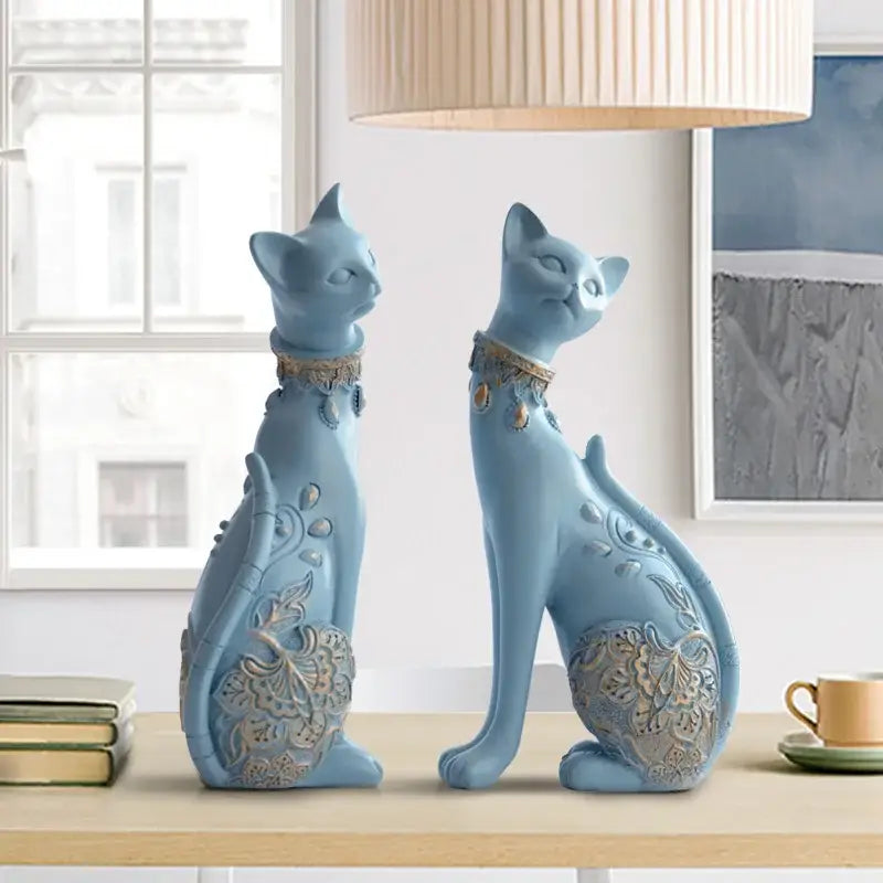 Elegant blue and gold decorbites cat statue living room decor