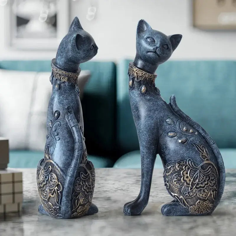 Elegant blue and gold decorbites cat statue living room decor