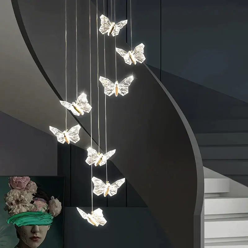 Elegant gold crystal butterfly ladder pendant lights for stairs