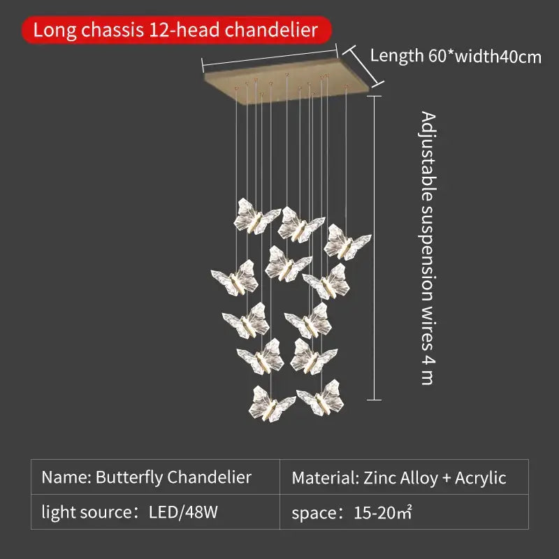 Elegant gold crystal butterfly ladder pendant lights for stairs