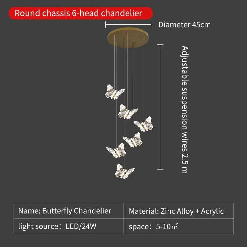Elegant gold crystal butterfly ladder pendant lights for stairs