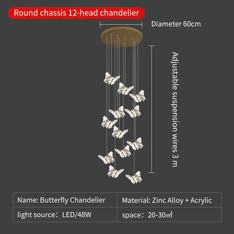 Elegant gold crystal butterfly ladder pendant lights for stairs