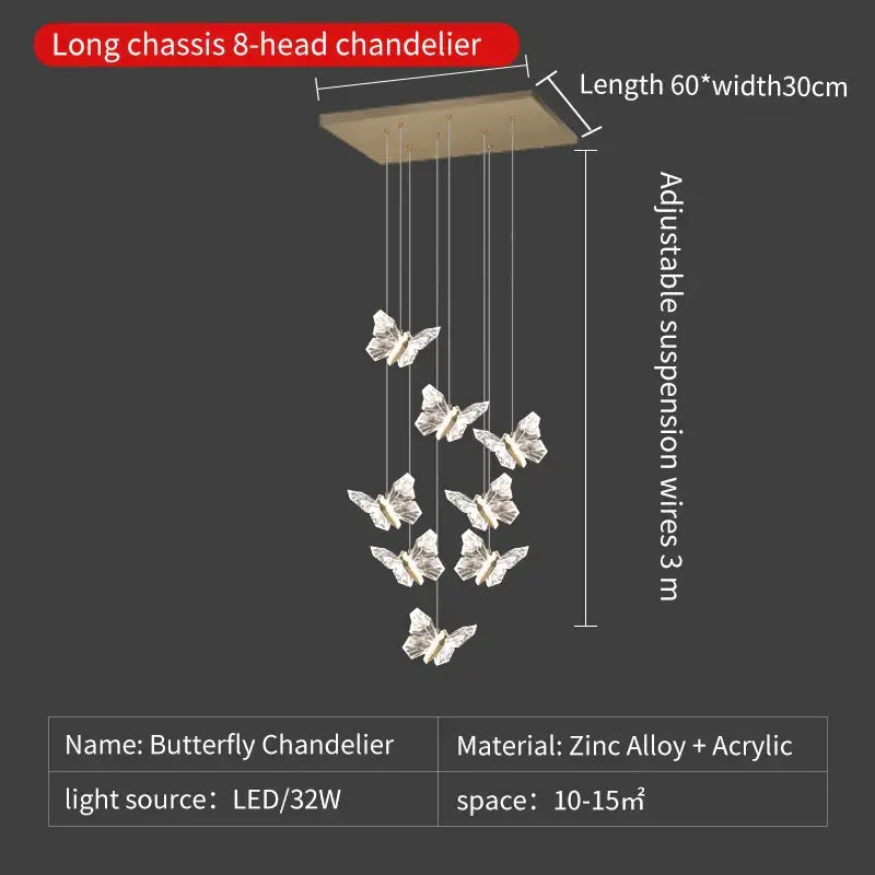 Elegant gold crystal butterfly ladder pendant lights for stairs
