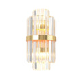Elegant gold wall sconce light with stacked crystal prisms and central brass band for living room lighting