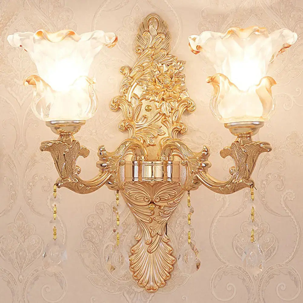 Elegant gold scrolled arm wall mount sconce bedroom crystal light