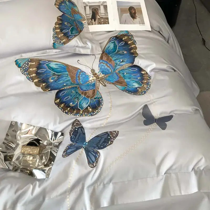 Elegant gray butterfly embroidery bedding set bedroom linens