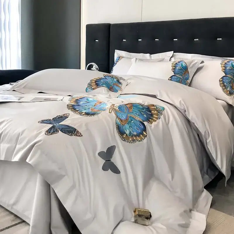 Elegant gray butterfly embroidery bedding set bedroom linens