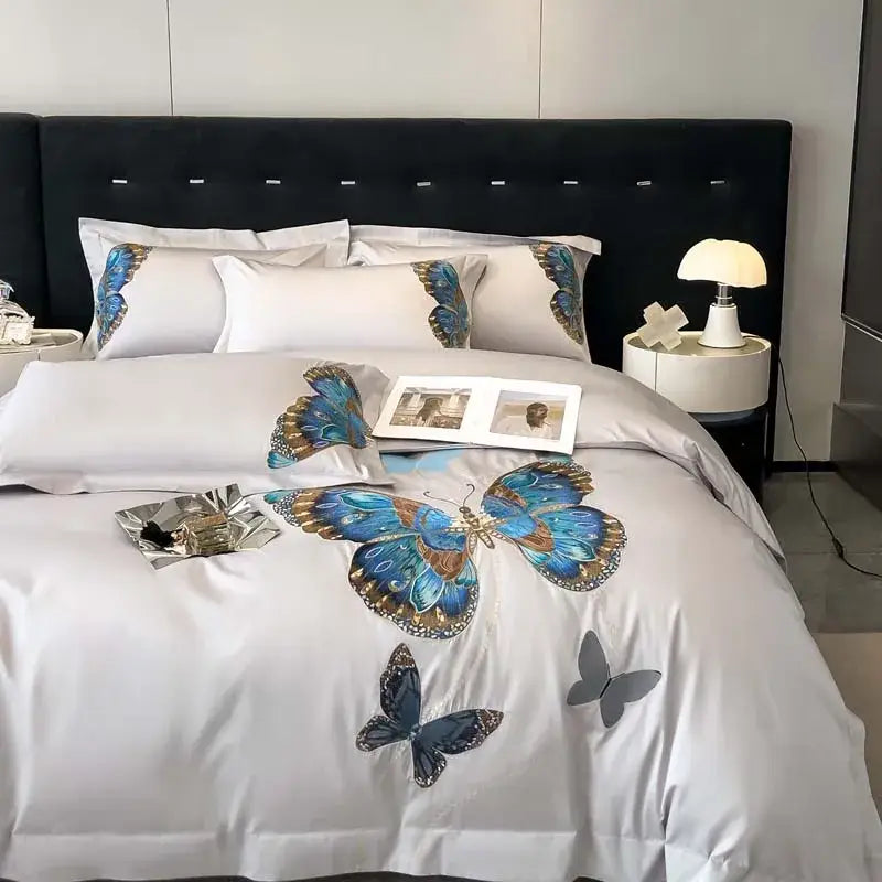 Elegant gray butterfly embroidery bedding set bedroom linens