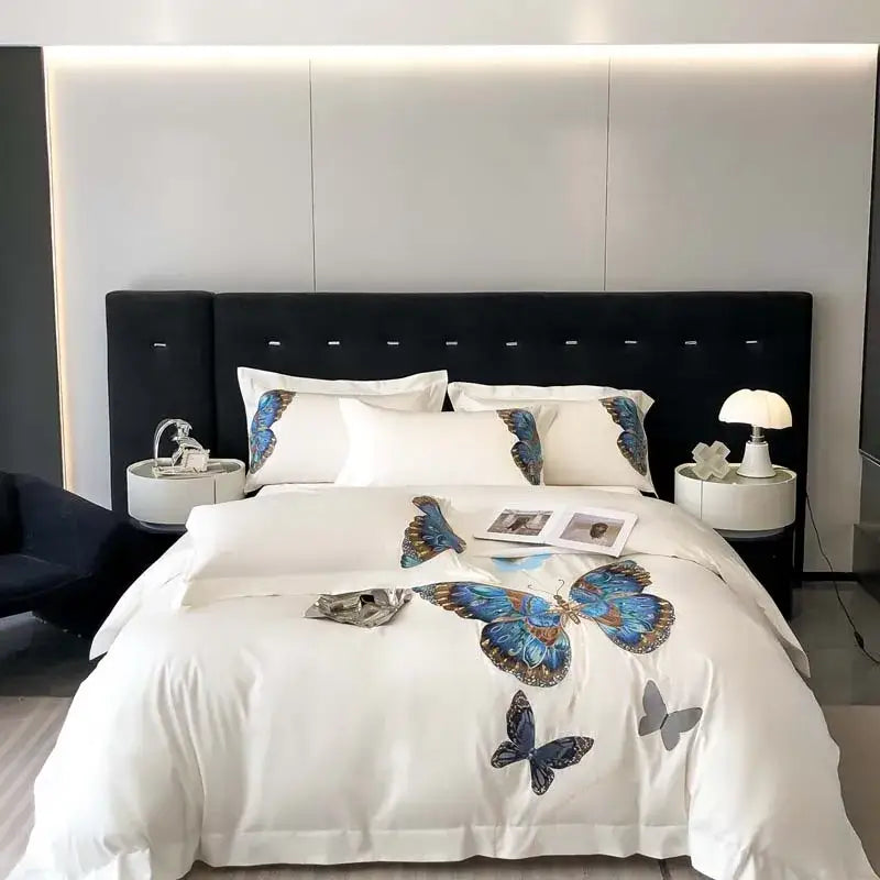 Elegant gray butterfly embroidery bedding set bedroom linens