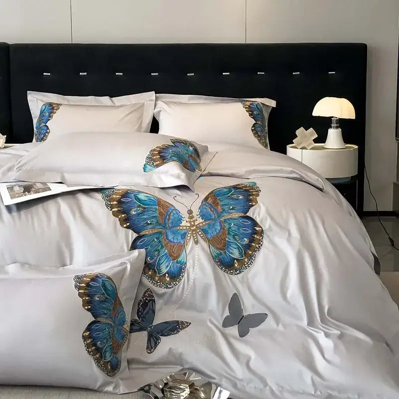 Elegant gray butterfly embroidery bedding set bedroom linens