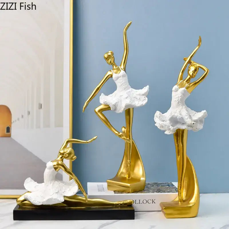 Elegant white & gold ballet dancer resin sculpture bedroom decor