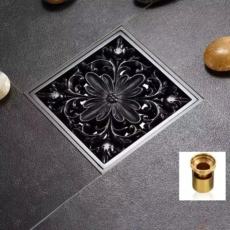 Embossed floral black brass square floor drain shower room