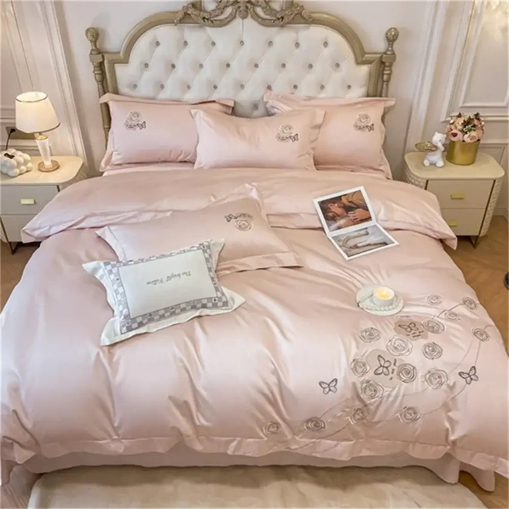 Embroidered blue butterfly flower egyptian cotton duvet cover set bedroom