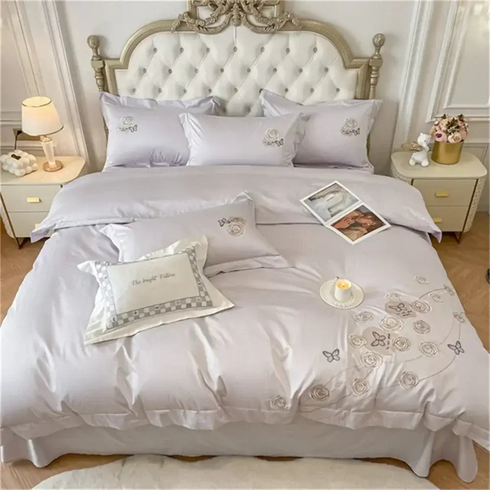 Embroidered blue butterfly flower egyptian cotton duvet cover set bedroom