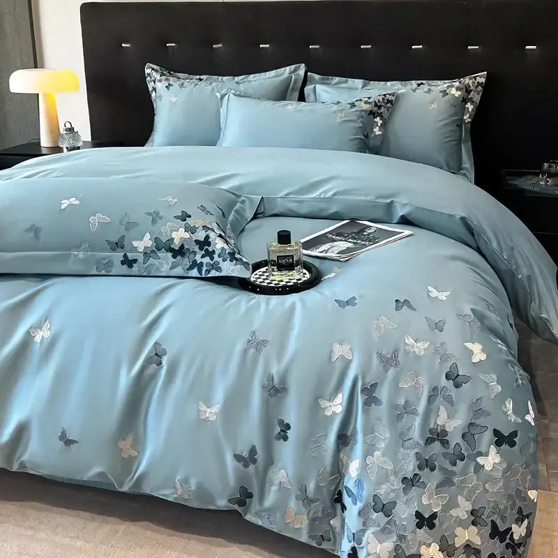 Embroidered light blue butterflies bedding set for bedroom