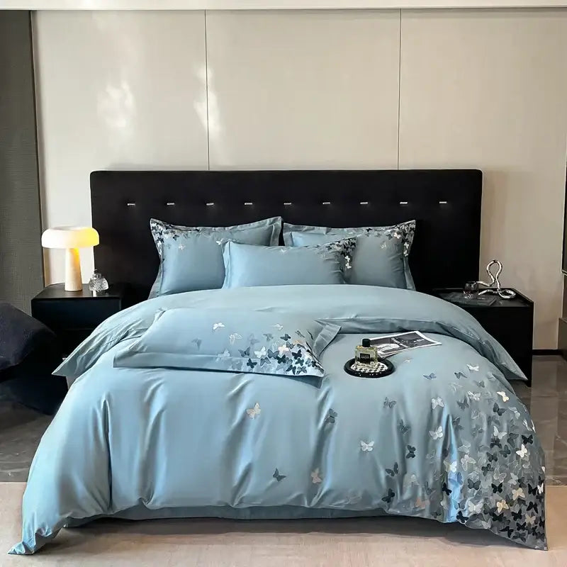 Embroidered light blue butterflies bedding set for bedroom