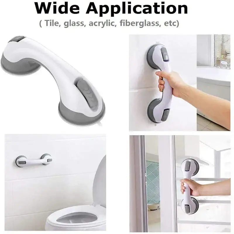 Ergonomic white & gray bathroom safety handle suction cup grab bar