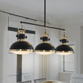 DecorBites farmhouse 3-light island pendant with black metal dome shades and brass accents for dining room lighting