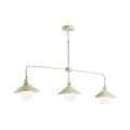 Cream-colored industrial-style pendant light with three conical shades frosted glass bulbs distressed white 110v-120v
