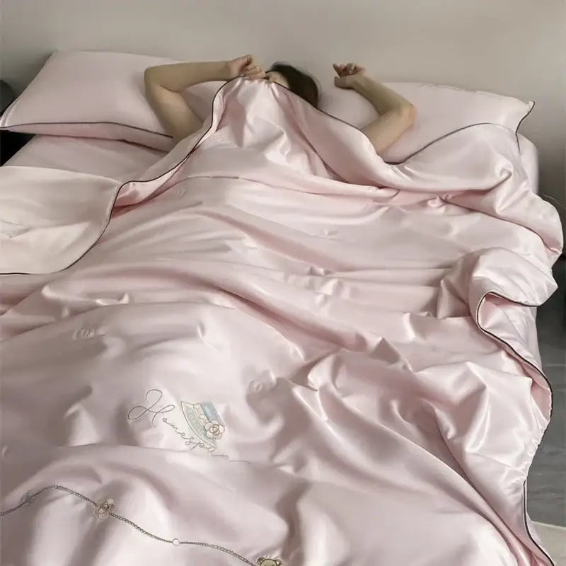 Floral bear cream & gold summer blanket set bedroom satin bedding
