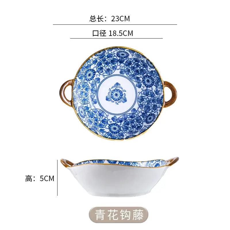 Floral blue & white ceramic double ear ramen soup bowl dining room