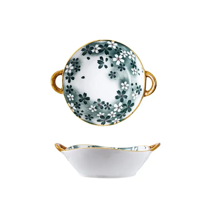 Floral blue & white ceramic double ear ramen soup bowl dining room