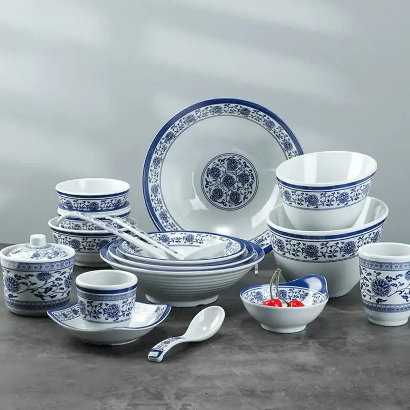 Floral blue & white imitation porcelain dinner set dining room