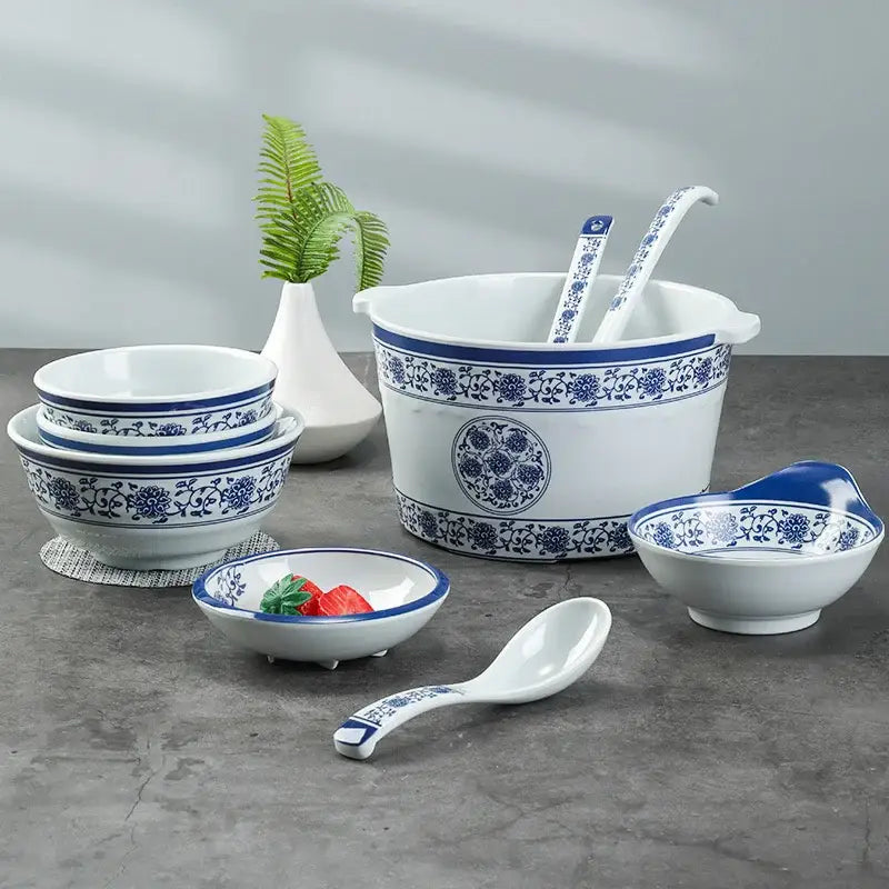 Floral blue & white imitation porcelain dinner set dining room