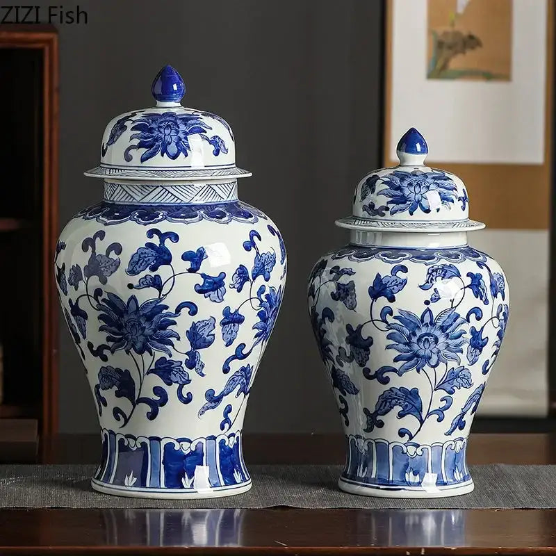 Floral blue & white porcelain tea canister – dining room decor