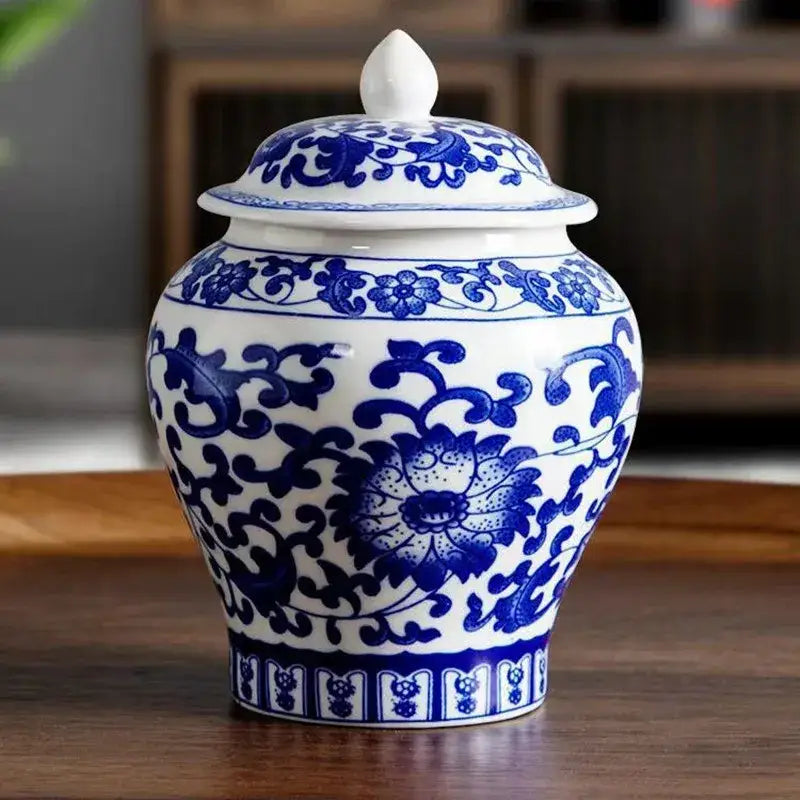 Floral blue & white porcelain tea canister kitchen storage jar