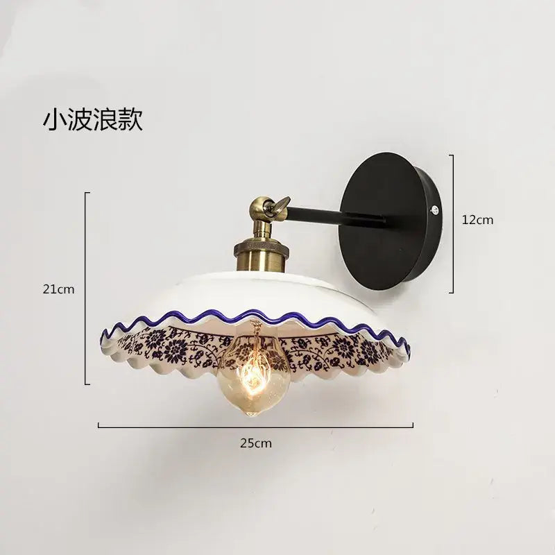 Floral blue & white porcelain wall lamp living room ceramic sconce