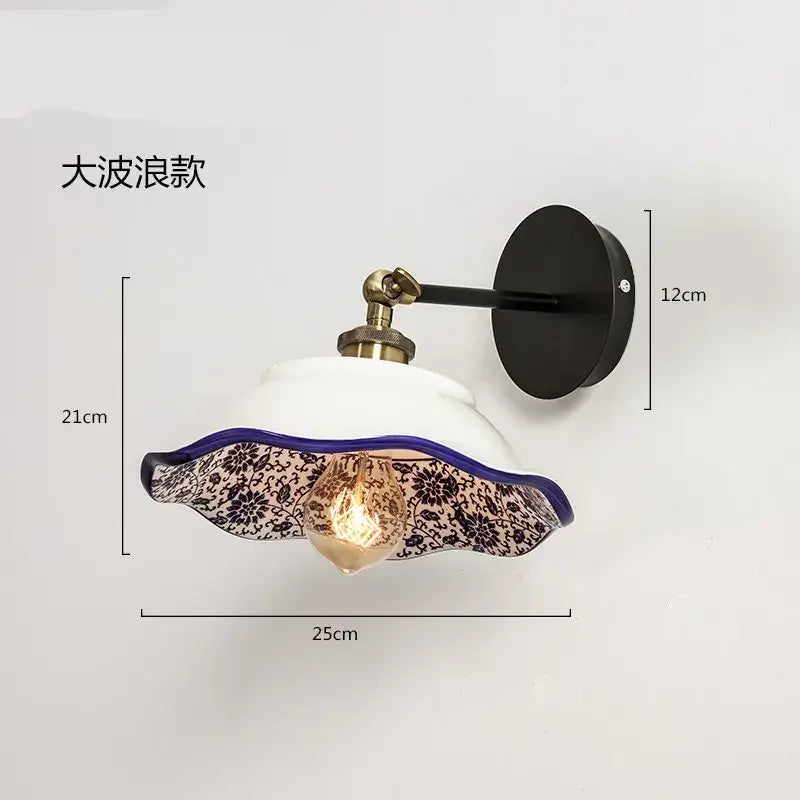 Floral blue & white porcelain wall lamp living room ceramic sconce
