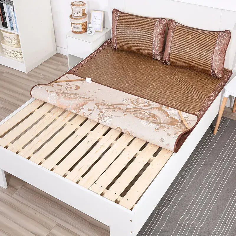 Floral brown woven cooling rattan mat and pillowcase set bedroom bed pad