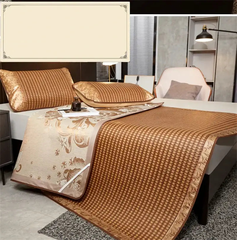 Floral brown woven cooling rattan mat and pillowcase set bedroom bed pad
